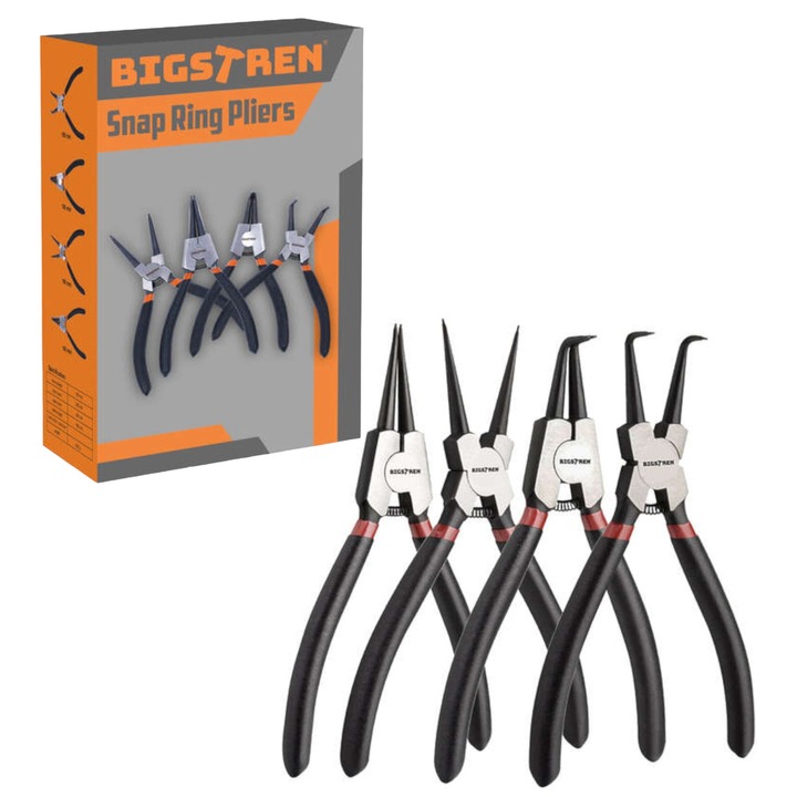 4 db-os fogó készlet, Bigstren, gyűrűkhöz, bilincsekhez, autómechanika, csúszásgátló fogantyú, acél, méretek 17,5x9,5x1