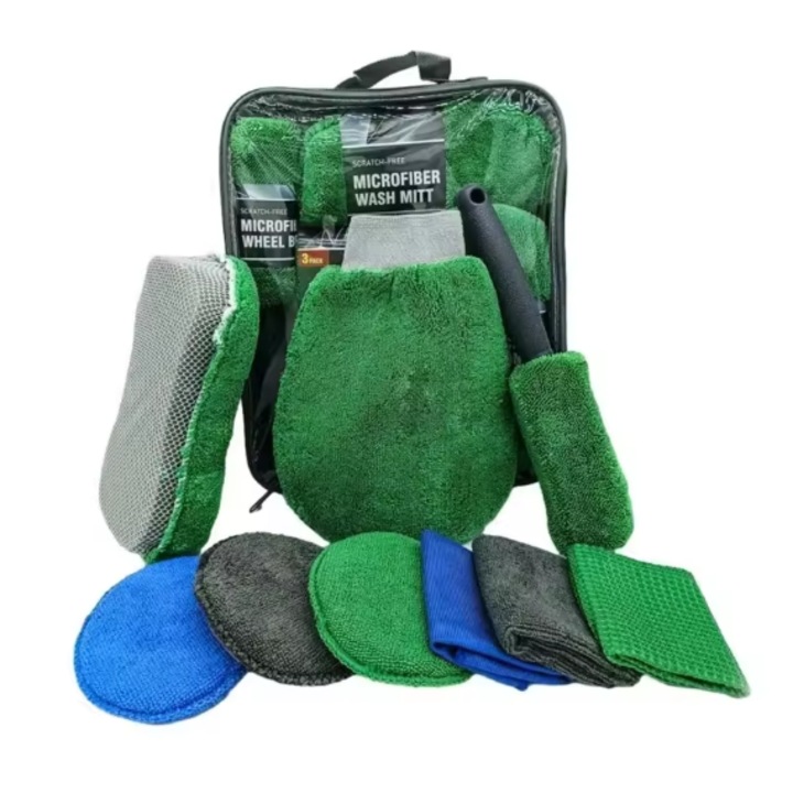 Комплект за вътрешно и външно почистване на автомобили, 9 части, микрофибър, зелен