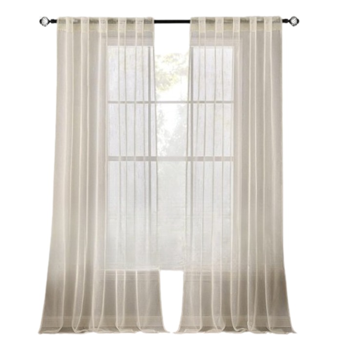 Perdele semi - transparente, MIULEE, 140 x 245 cm, Aspect de in, Pindere pe bara, perfecte pentru ferestre si usi dormitor/ living, Set 2 bucati, Crem
