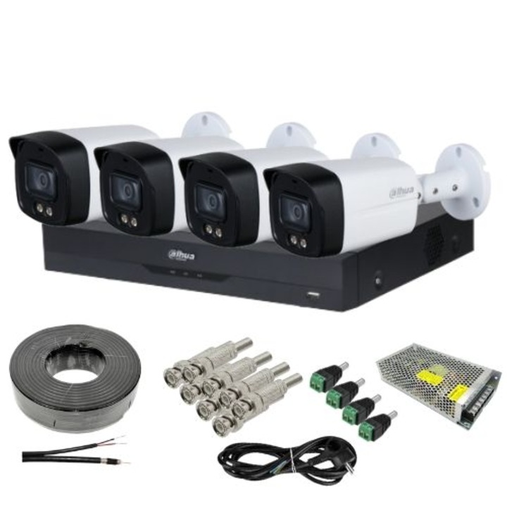 Dahua megfigyelő készlet 4 kamerás 5MP Smart Dual Light, IR/White Light 40m, DVR 4 csatornás 8MP 4K és tartozékok