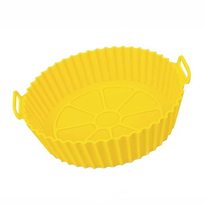 GREATON szilikon tepsi, magas hőmérsékletnek ellenálló, ideális olajsütőhöz, légsütőhöz, sütőhöz, gőzölőhöz, 16 x 18 x 5 cm, kerek modell, sárga