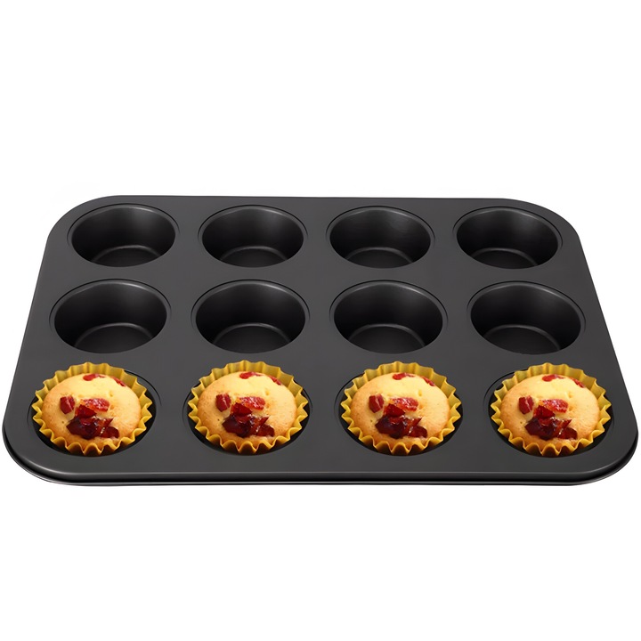 Tava de Copt pentru Briose, Muffin, Mini Quiche si Tarte, Retoo, 12 Forme 6.5x3cm, din INOX, 35x26.5cm, Strat Antiaderent, Grafit