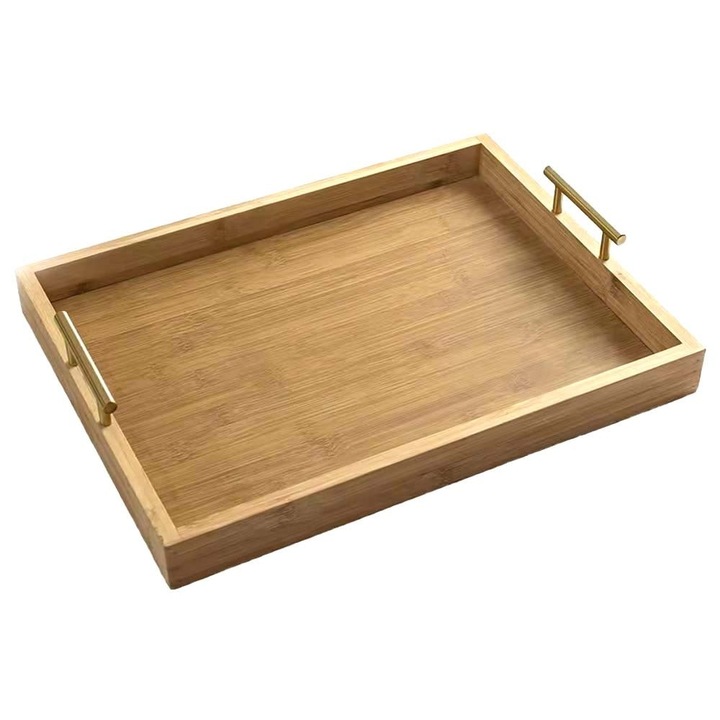 Elegáns Pufo bambusz tálca fém fogantyúval a tálaláshoz, 32 x 22 cm