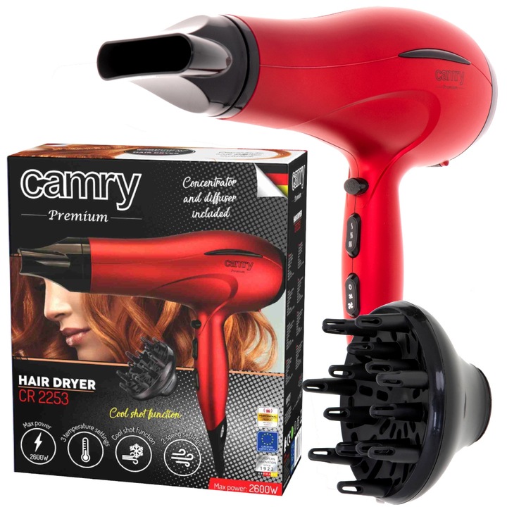 Сешоар Camry, 2600W, 2 степени на скорост, 3 температурни настройки, червен/черен, дифузер