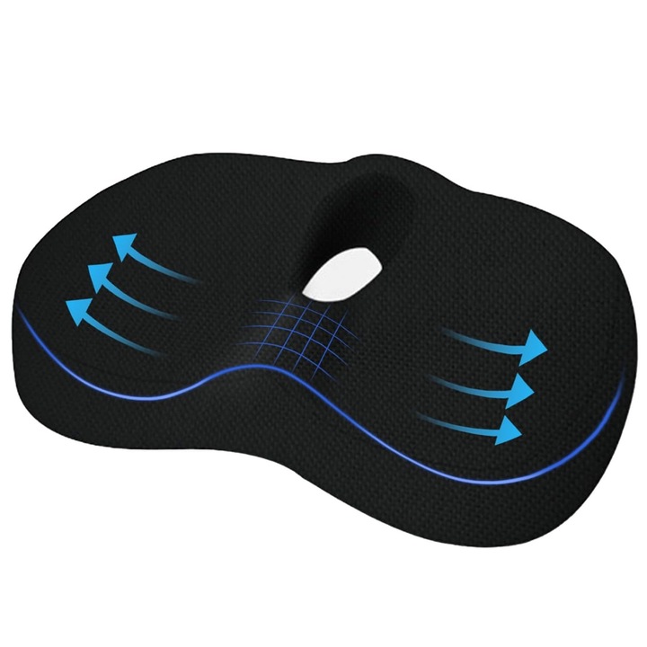 Възглавница за седалка, Zggzerg, Ергономична, Мемори пяна, Дишаща, Може да се разглобява, Лесна за почистване, Подходяща при ишиас, облекчаване на болки в кръста и опашната кост, Полиестер/Полиуретан, 40 x 30 x 7 cm, Черна