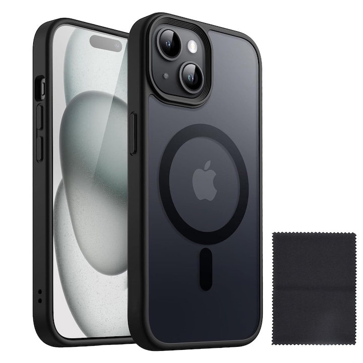 Защитен калъф за Iphone 15, Zggzerg, магнитен, с кърпа за почистване, тънък дизайн, с изрези за камерата, повдигнати ръбове, против падане, удароустойчив, водоустойчив, за безжично зареждане, TPU+PC, черен