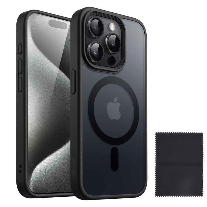 Калъф съвместим с Apple 15 pro, Zggzerg, магнитен, с кърпа за почистване, тънък дизайн, против падане, удароустойчив, водоустойчив, за безжично зареждане, TPU+PC, черен