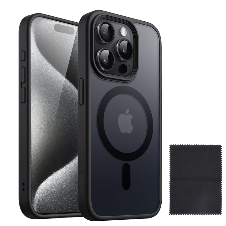 Защитен калъф за Iphone 15 pro max, Zggzerg, магнитен, с кърпа за почистване, тънък дизайн, с изрези за камера,черен