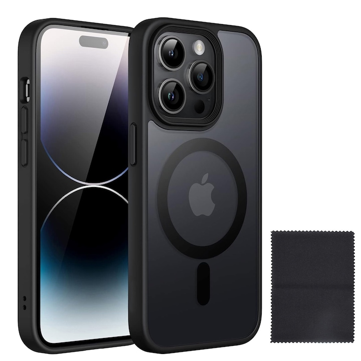 Защитен калъф Zggzerg за Iphone 14 pro, магнитен, с кърпа за почистване, тънък дизайн, с изрези за камерата, повдигнати ръбове, против падане, удароустойчив, водоустойчив, за безжично зареждане, TPU+PC, черен