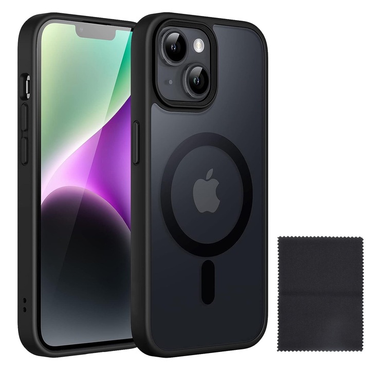 Védőtok iPhone 14 plushoz, Zggzerg, Mágneses, Tisztítókendővel, Vékony kialakítás, Kivágásokkal, Megemelt élekkel, Leesésgátló, Ütésálló, Vízálló, Vezeték nélküli töltéshez, TPU+PC, Fekete