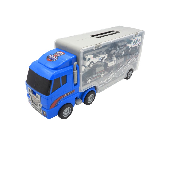 Set tir cu platforma si 6 masini de politie, Onore, metal si plastic, albastru, gri si negru, 34 x 14 cm, functie slide