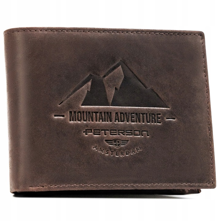 Portofel femei, Peterson, embosare, piele naturala, Protectie RFID, 9.5x12.5 cm, Maro inchis