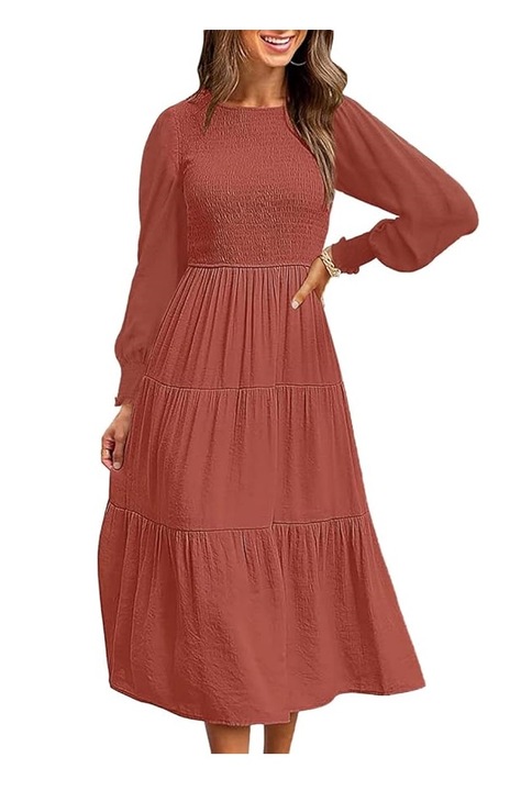 Дамска ежедневна рокля с дълъг ръкав и кръгло деколте, L размер, медна