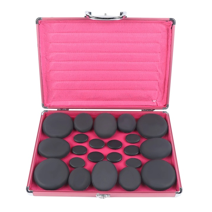 Set de Masaj cu Pietre de Bazalt, Cutie de Incalzire 60W, Negru, 8x8cm/6x8cm/5x6cm/4x3cm