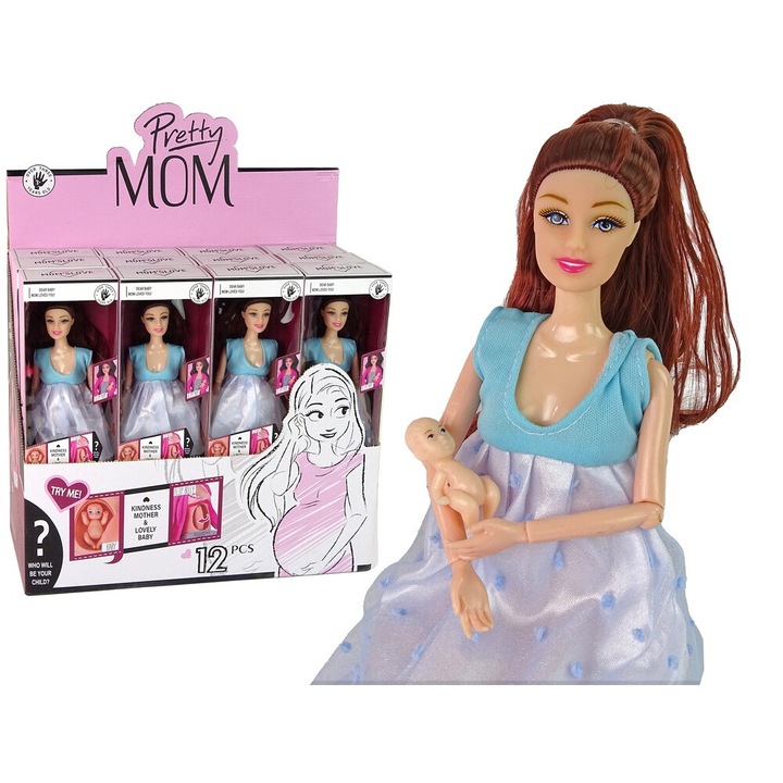 12 db-os babás készlet, LEAN TOYS, sötétkék ruha, 30x7x5cm, készlet kis babával 3,5x2x1cm