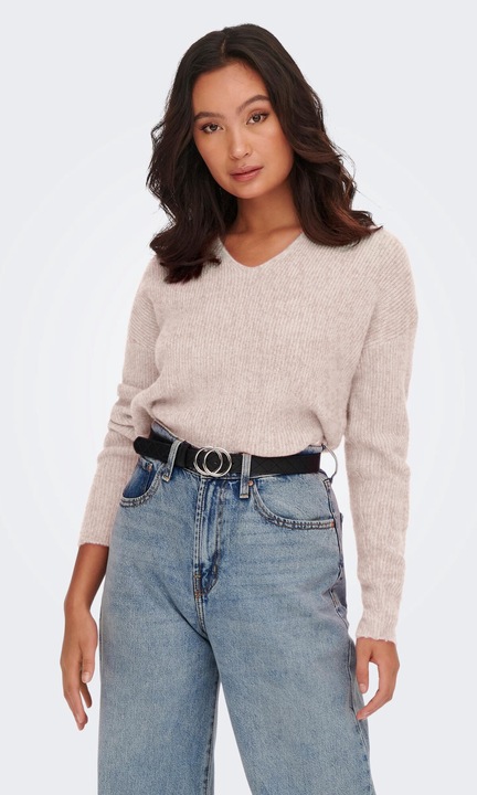 Meleg kötött pulóver, V-nyakú rugalmas pulóver hosszú ujjal ONLDANIELLA, Bézs