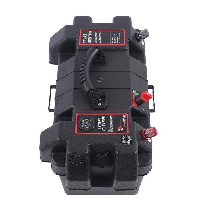 Cutie pentru baterii cu porturi USB, monitorizare voltaj, neagra, 44x24.5x27cm