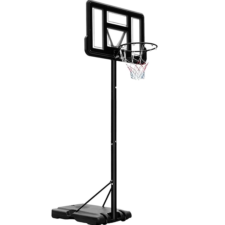 Állítható kosárlabda karika, acél/PVC, kerekekkel hordozható, stabil talp, 230-304cm, fekete