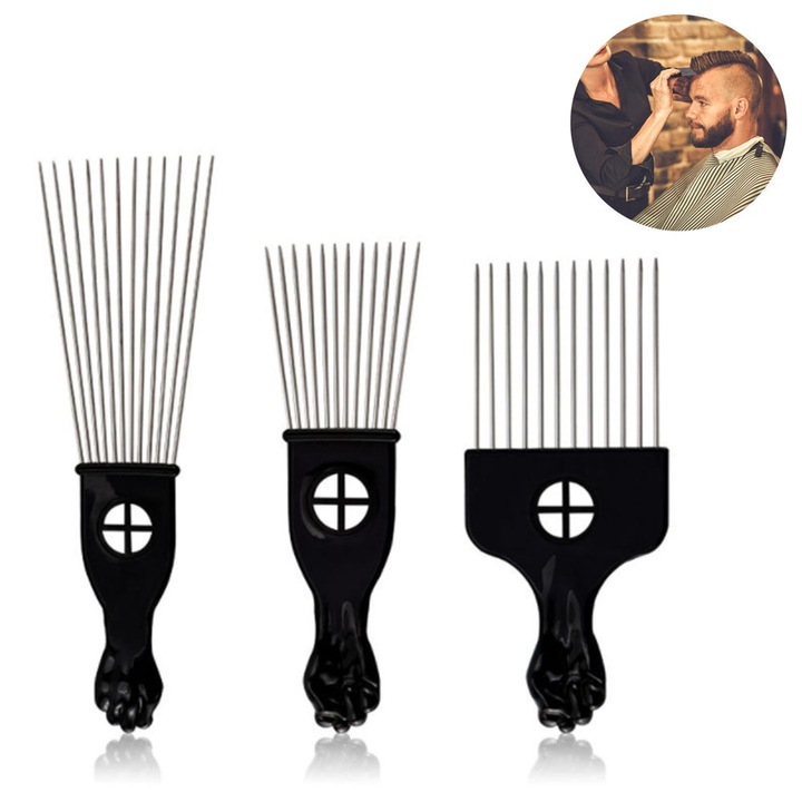 Set 3 piepteni din metal, dinti lati, negru, 23x7cm, 17.5x5.5cm, 16.5x7.5cm