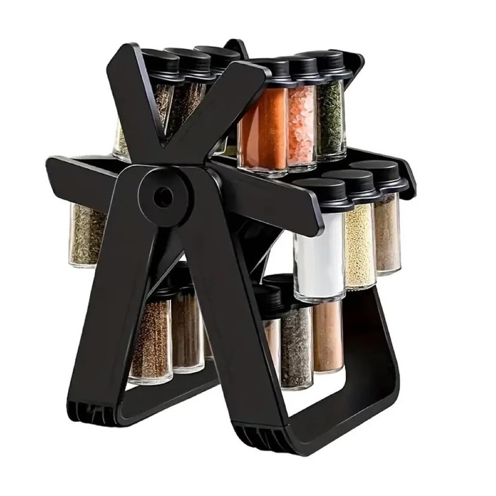 Forgó fűszerrendező, 18 tégellyel, ABS+PP+üveg, fekete színű