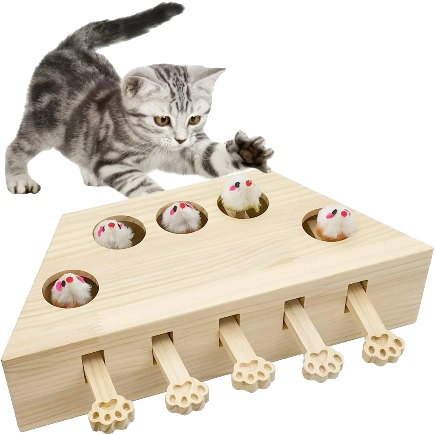 Jucarie interactiva pentru pisici, puzzle din lemn, joc Whack-A