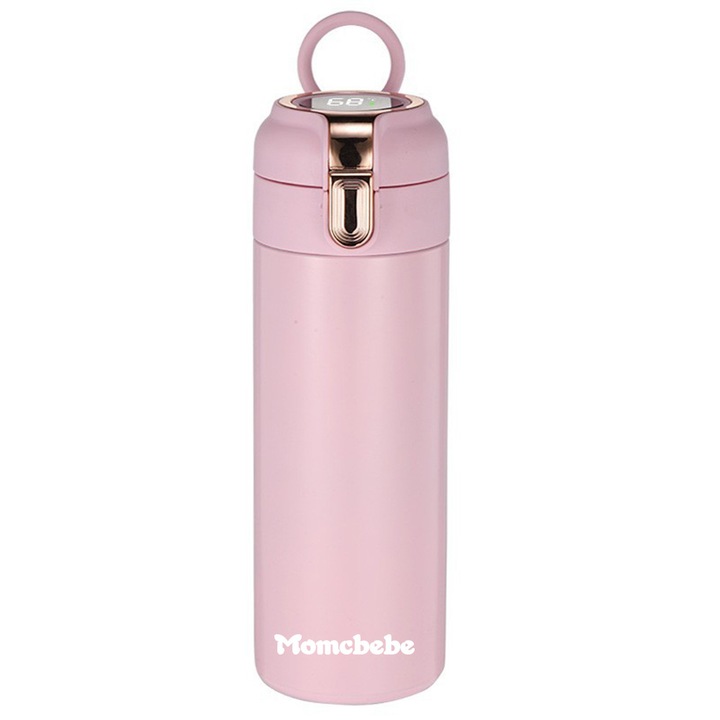 Momcbebe термос, дигитален дисплей, вакуумна изолация, безопасно заключване, розов, 20x6.5cm, 420ml, неръждаема стомана
