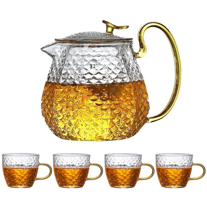 Set ceainic si cani Momcbebe, borosilicat termorezistent, transparent, 600ml x 100ml