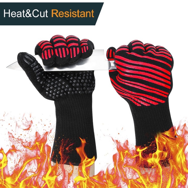 2 db konyhai kesztyű készlet, extrém hőálló, vágásgátló, csúszásmentes poliészter/szilikon, fekete/piros, 13,7x4,9 hüvelyk