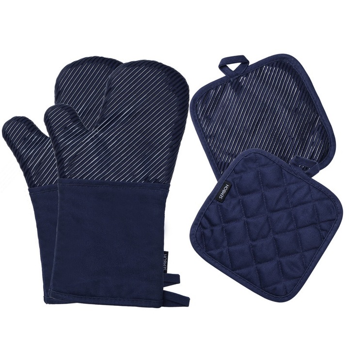 4 részes kesztyű és edénytartó készlet, hőállóság 500F, csúszásmentes pamut/szilikon, hossza 12,7 hüvelyk