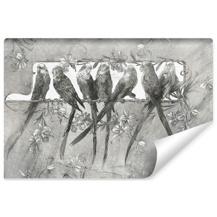 Fototapet Muralo Decor de papagal cu pasari salbatice pentru sufragerie 400 cm x 280 cm cu efect 3D la moda