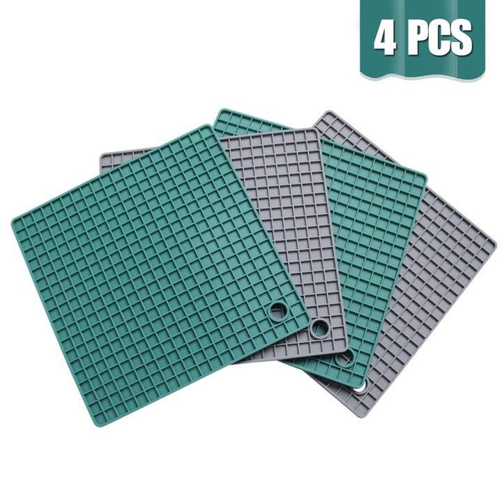 4 db multifunkcionális edénytartó készlet, élelmiszer minőségű szilikon, szürke/zöld, 17x17cm