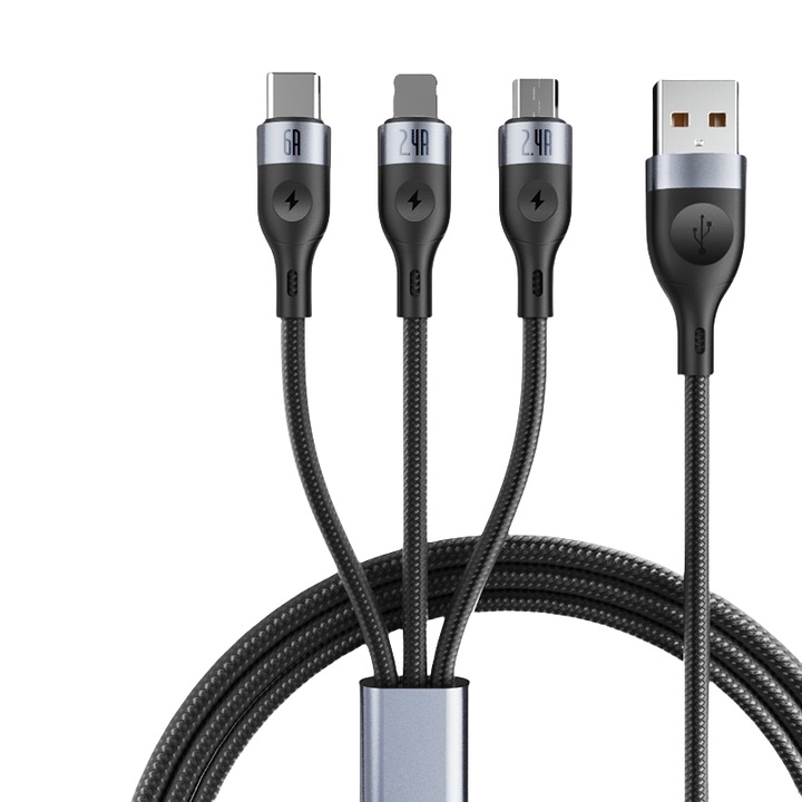 Adatkábel 3 az 1-ben, visszahúzható, gyorstöltő 6A, nylon, 1,2 m, univerzális