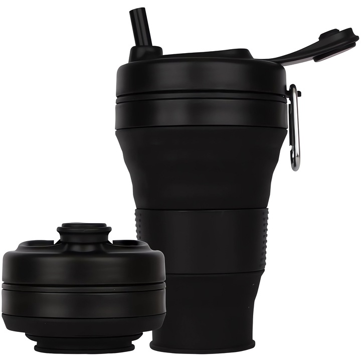 Bidon pliabil pentru calatorie, Silicon, BPA Free, compact, Negru, 600ml