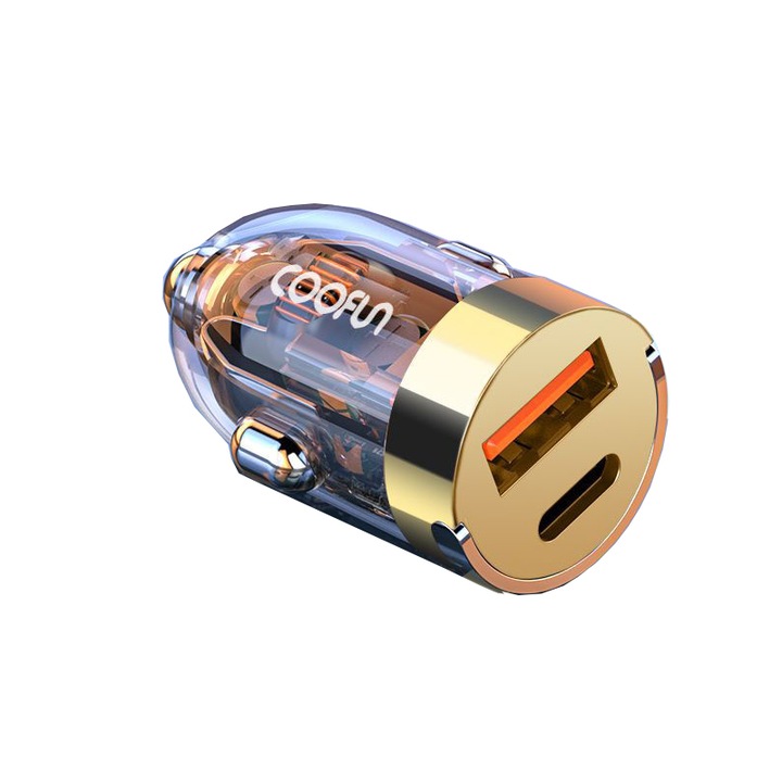 Mini autós töltő, átlátszó adapter gyorstöltéssel, 135W, két port, cink ötvözet, 4cm