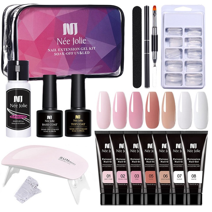 Polygel Nail Kit, MorFansi®, hordozható mini UV LED lámpával 6 W, 7 x színes zselé, alap, felső, csúszó oldat, 100 körömsablon, reszelő, dupla kefe, klip, hordtáska mellékelve, többszínű