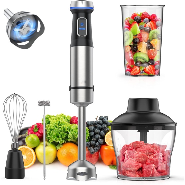 VINTOP® 5 в 1 вертикален миксер, Градуирана чаша 0,6 l, Аксесоар за пюре, Powelix Technology, 1000 W, остриета от неръждаема стомана, Сребристо/черно