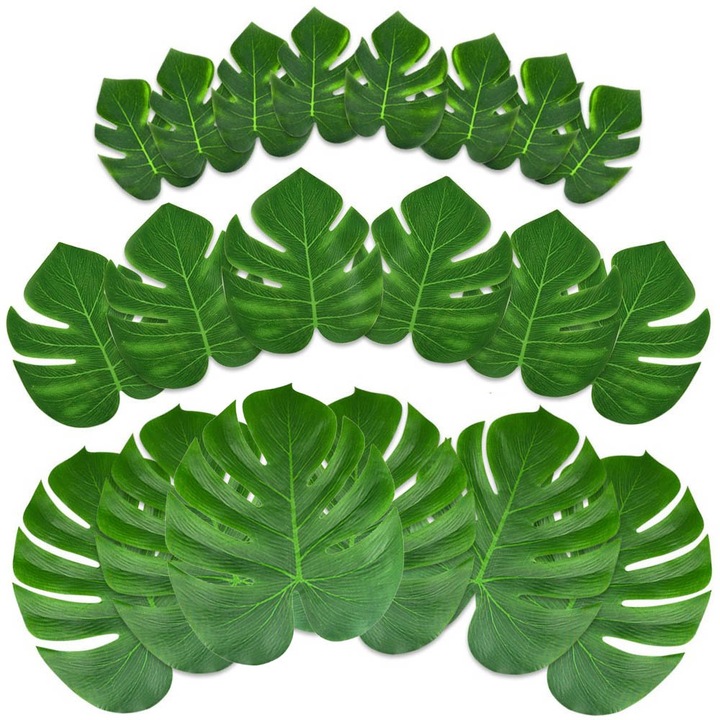 Set 20 frunze tropicale, Huitrax, Poliester, 3 dimensiuni, Verde