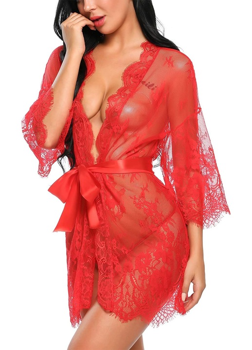 Lenjerie sexy dama, Majurphy, Roba kimono dantela Babydoll Lenjerie din plasa, poliester,, Rosu
