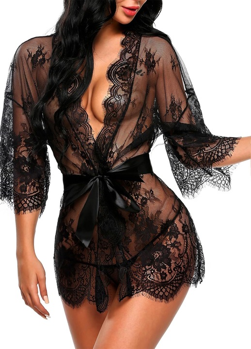 Lenjerie sexy dama, Majurphy, Roba kimono dantela Babydoll Lenjerie din plasa, poliester, Negru, L