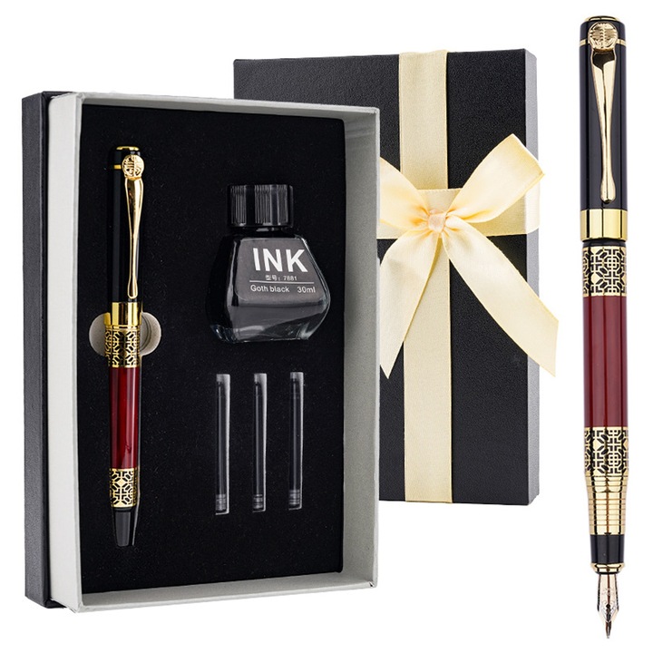 Set cutie cadou 5 piese stilou, Hggzeg, Corp metalic pentru stilou, Cerneala reincarcari, Fine Nib, Sac de cerneala gratuit, Portabil, Potrivit pentru afaceri, studiu si munca, Metal, 14.2×1.3 cm, Negru/Rosu