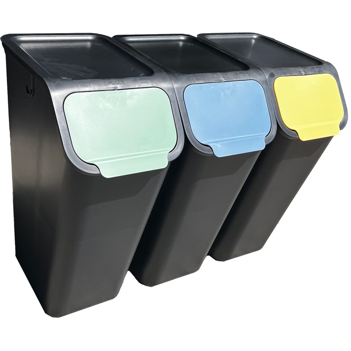 Set de 3 cosuri de colectare selectiva a deseurilor, 3 x 35 L, verde, albastru, galben