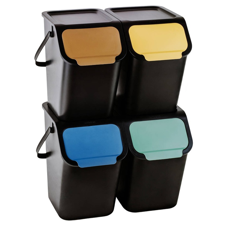 Set de 4 cosuri de colectare selectiva a deseurilor, 25 L, verde, albastru, galben, maro