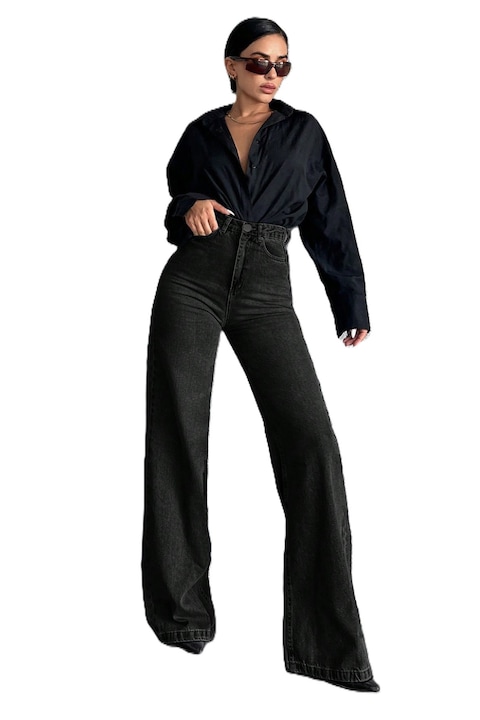 Blugi Dama, Croiala Larga, Cu Talie Inalta, Negru