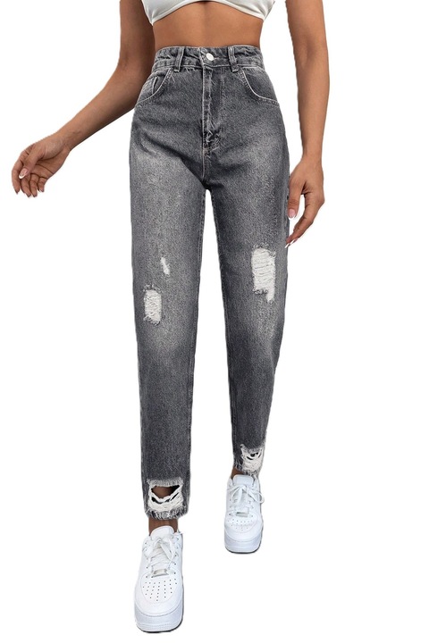 Blugi Dama, Cu Talie Inalta Si Croiala Mom Fit Cu Rupturi, Gri inchis