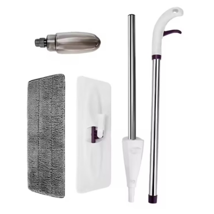 Mop Spray cu Pulverizator Profesional SUPER TRENDS®, Laveta Microfibra Reutilizabila, Rezervor 350 ml, Maner Extensibil 126 cm, Alb