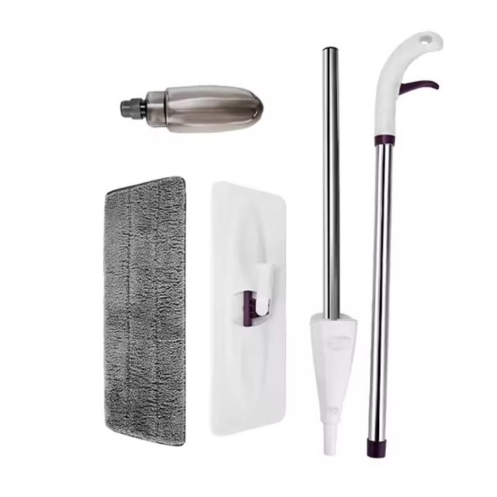 Mop Spray cu Pulverizator Profesional SUPER TRENDS®, Laveta Microfibra Reutilizabila, Rezervor 350 ml, Maner Extensibil 126 cm, Alb