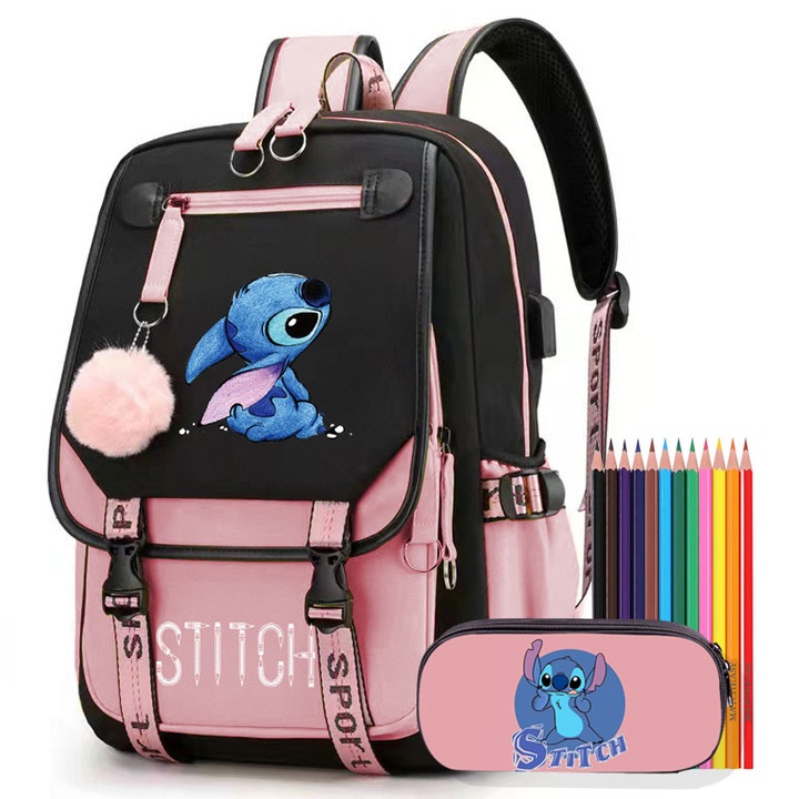 Iskolatáska szett lányoknak, toll és színes ceruza 12 színben, nagy kapacitású, MATCHEASY, USB porttal, tartós, rózsaszín/fekete