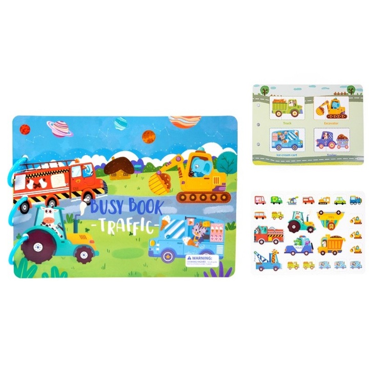 Carte Interactiva Tip Busy Book Charmorah, model Ferma cu 14 Activitati, Montessori, 3 ani+, stickere incluse, jucarie senzoriala, invatare prin joc, motricitate fina, Albastru Mix