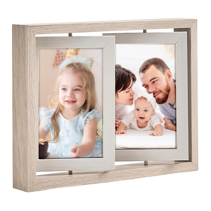Rama foto clasica, MunDeir®, rotire dubla 360, lemn, 4 poze 10x15cm, natural