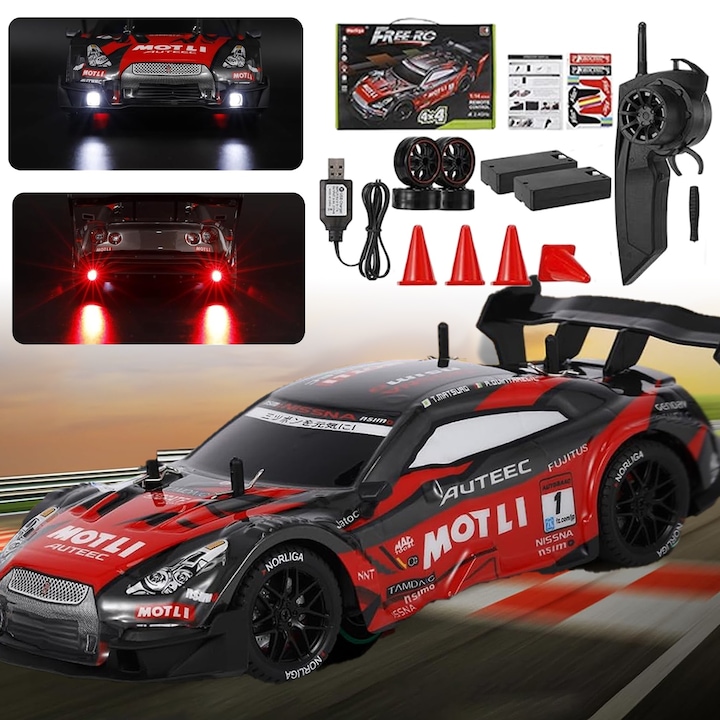 Masina cu telecomanda RC, Excitat, drift car, 1:16, lumini LED, 4x4, 30 km/h, cauciucuri interschimbabile, 2 baterii tip acumulator incluse, rasturnari de 180 grade, jucarie pentru copii, rosu/negru
